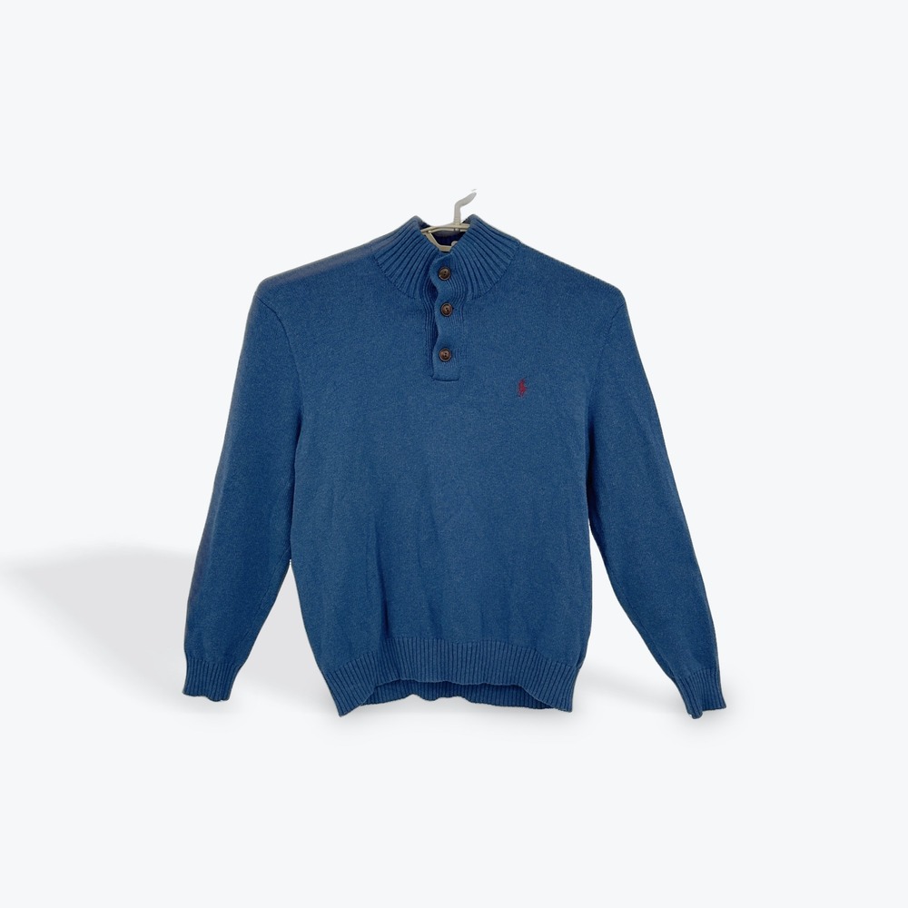 Ralph Lauren Men's Blue Cotton 1/4 button Mock‎ Neck Sweater XL